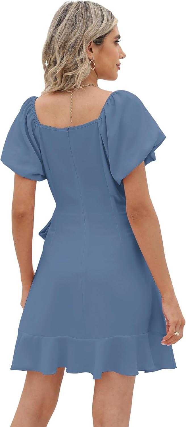 imageSAMPEEL Womens Summer Dresses Square Neck Puff Sleeve Tie Waist Short DressHaze Blue