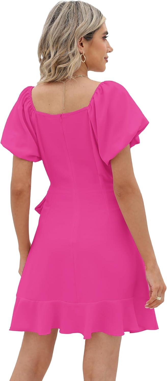 imageSAMPEEL Womens Summer Dresses Square Neck Puff Sleeve Tie Waist Short DressHot Pink