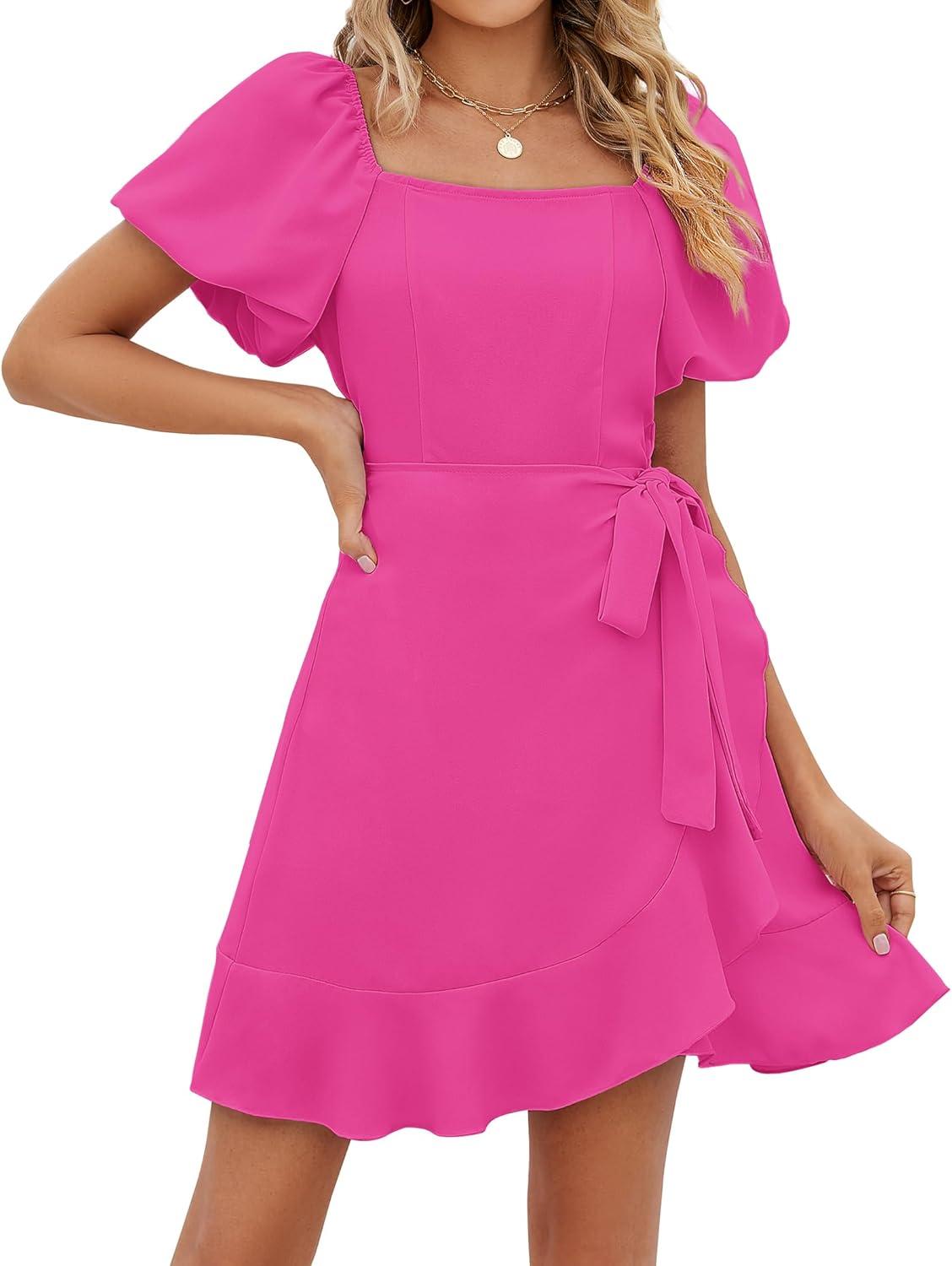 imageSAMPEEL Womens Summer Dresses Square Neck Puff Sleeve Tie Waist Short DressHot Pink