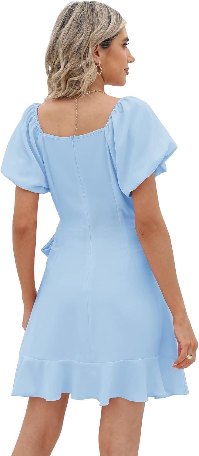 imageSAMPEEL Womens Summer Dresses Square Neck Puff Sleeve Tie Waist Short DressLight Blue