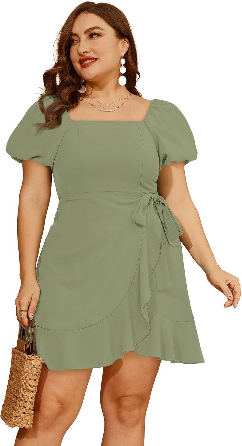 imageSAMPEEL Womens Summer Dresses Square Neck Puff Sleeve Tie Waist Short DressMoss