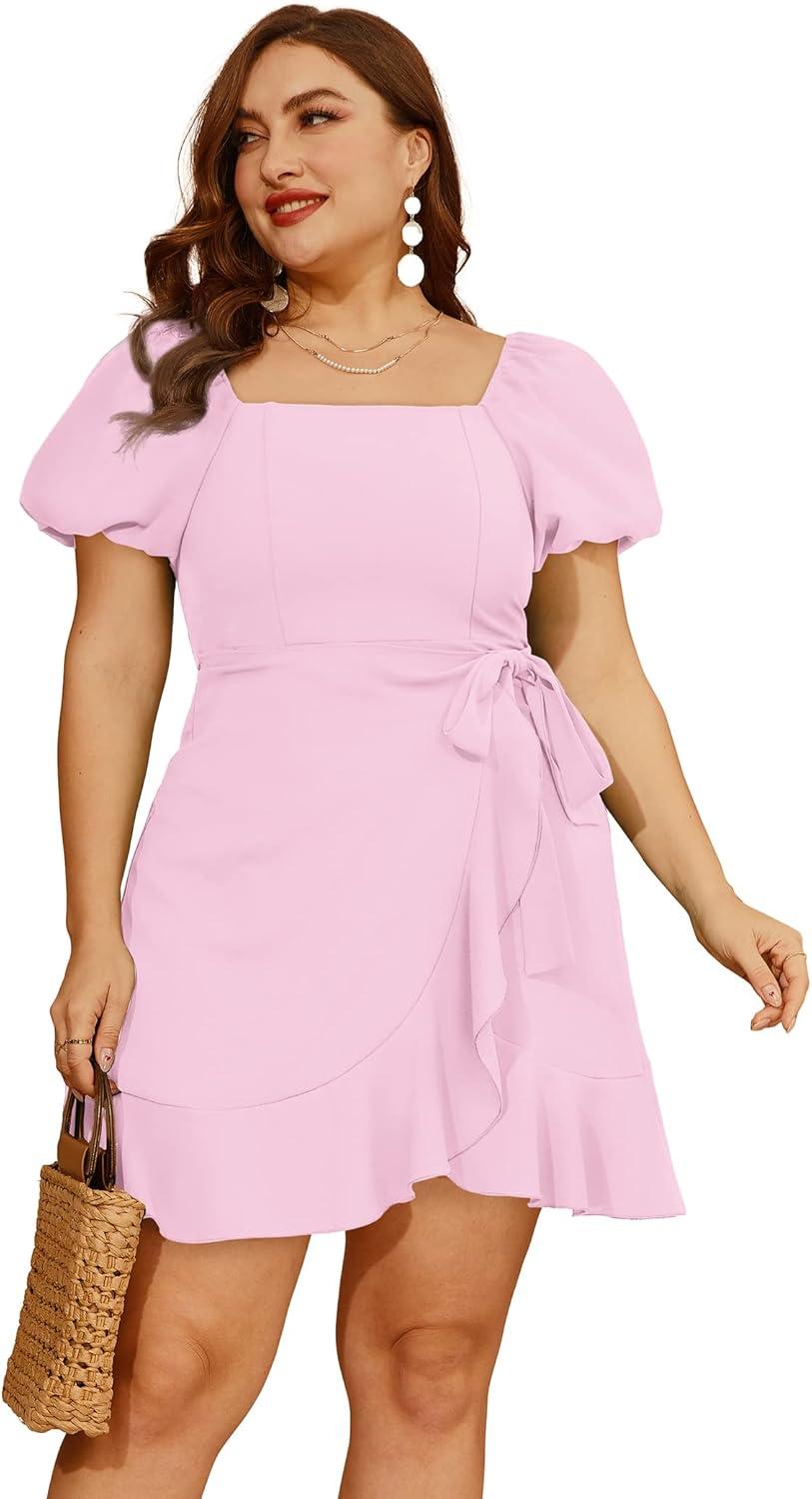 imageSAMPEEL Womens Summer Dresses Square Neck Puff Sleeve Tie Waist Short DressPink