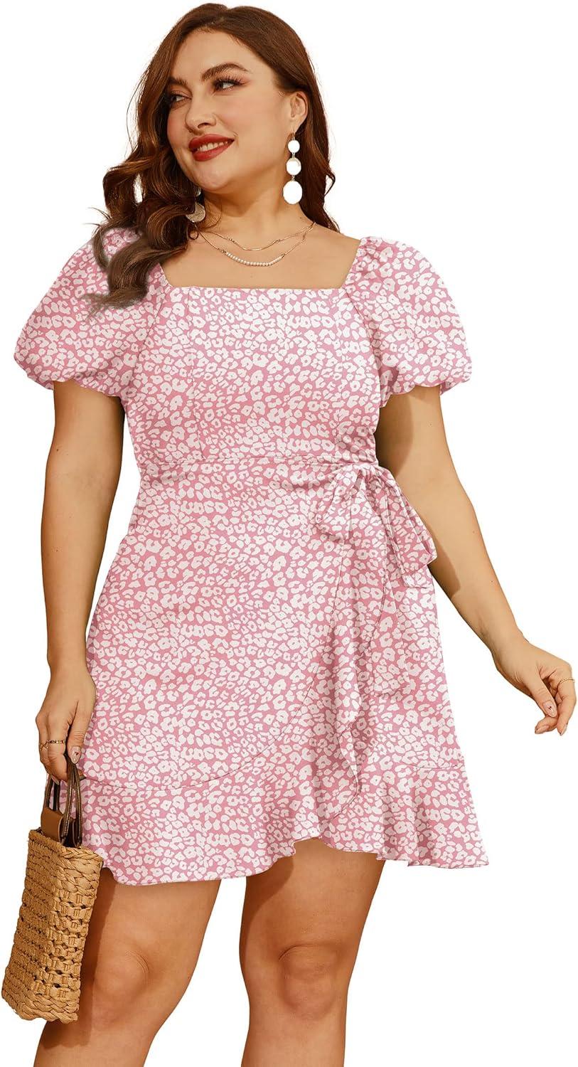 imageSAMPEEL Womens Summer Dresses Square Neck Puff Sleeve Tie Waist Short DressPink Leopard