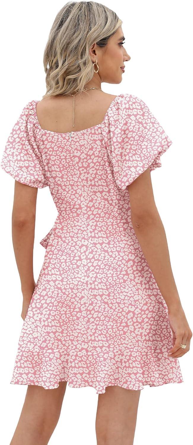 imageSAMPEEL Womens Summer Dresses Square Neck Puff Sleeve Tie Waist Short DressPink Leopard