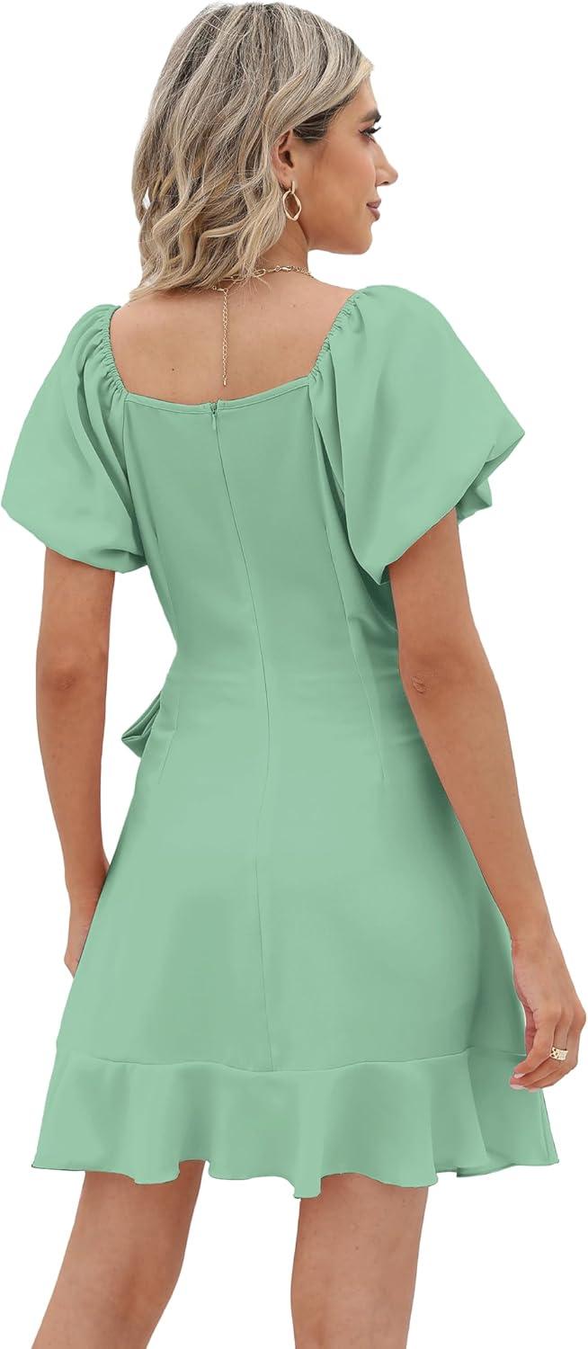imageSAMPEEL Womens Summer Dresses Square Neck Puff Sleeve Tie Waist Short DressPretty Green