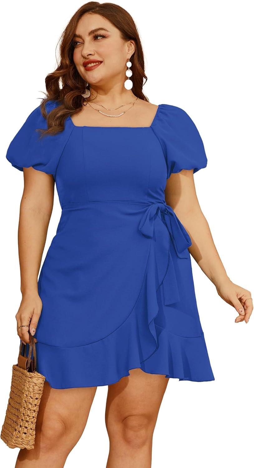 imageSAMPEEL Womens Summer Dresses Square Neck Puff Sleeve Tie Waist Short DressRoyal Blue