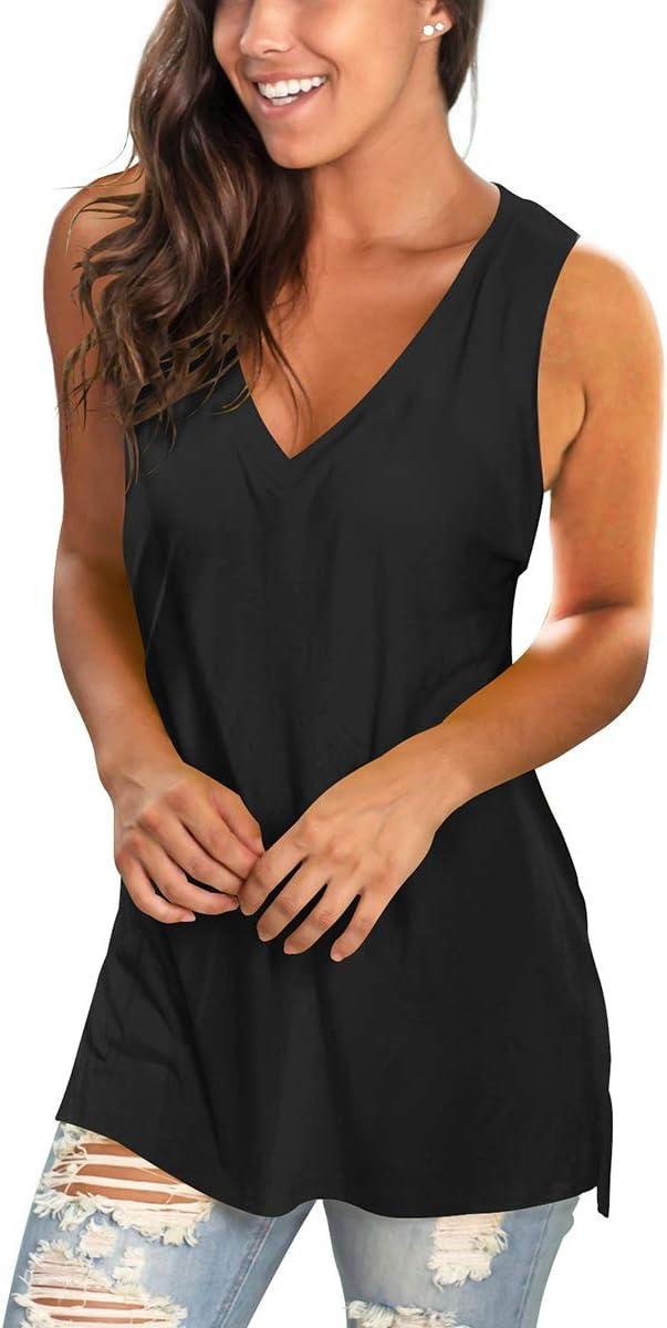 imageSAMPEEL Womens Summer Tank Tops Basic Tanks V Neck Sleeveless T Shirts Side Split101tank Black
