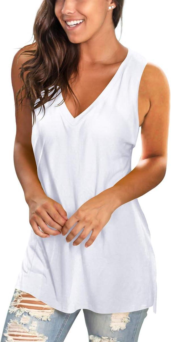 imageSAMPEEL Womens Summer Tank Tops Basic Tanks V Neck Sleeveless T Shirts Side Split103tank White