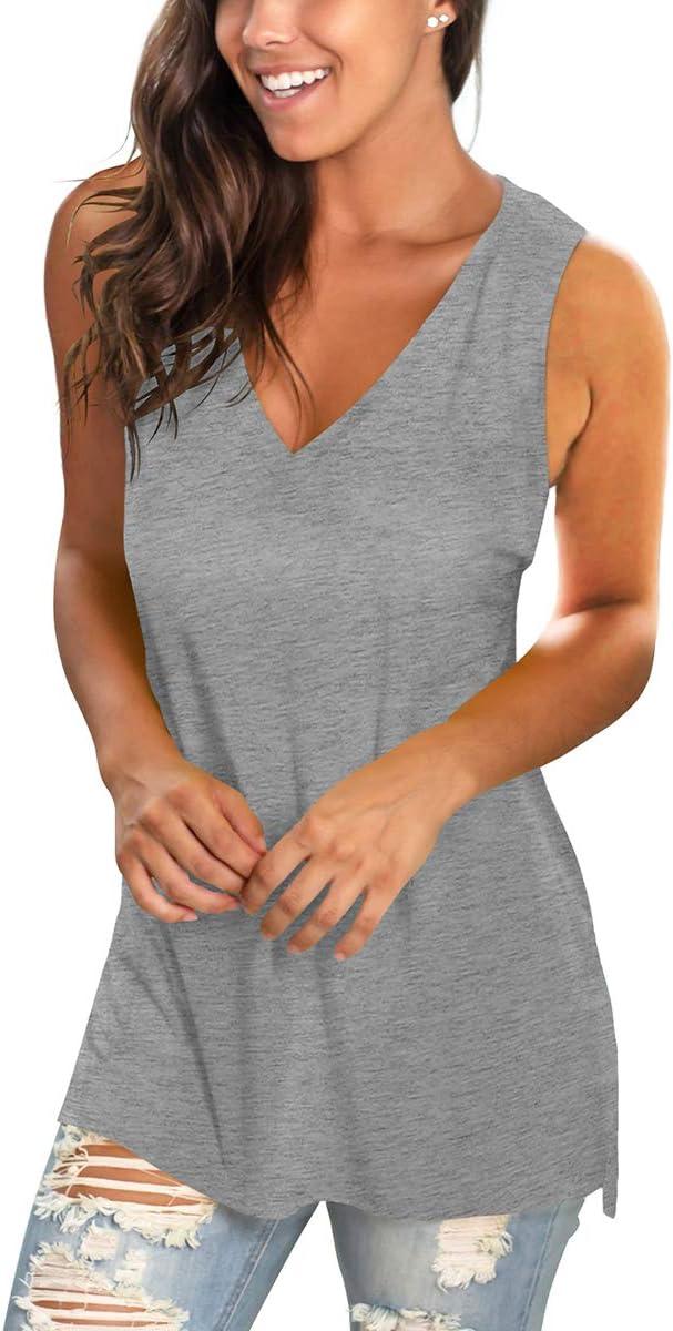 imageSAMPEEL Womens Summer Tank Tops Basic Tanks V Neck Sleeveless T Shirts Side Split104tank Grey