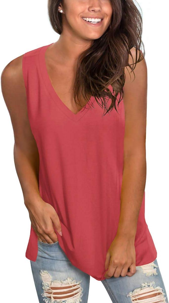 imageSAMPEEL Womens Summer Tank Tops Basic Tanks V Neck Sleeveless T Shirts Side Split114brickred