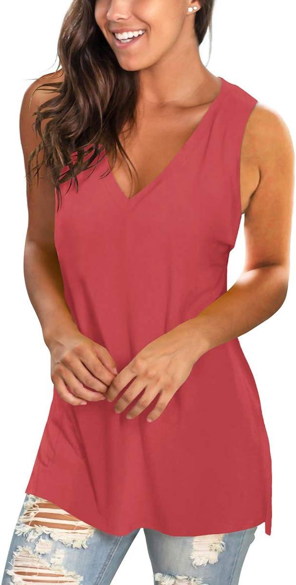 imageSAMPEEL Womens Summer Tank Tops Basic Tanks V Neck Sleeveless T Shirts Side Split114brickred