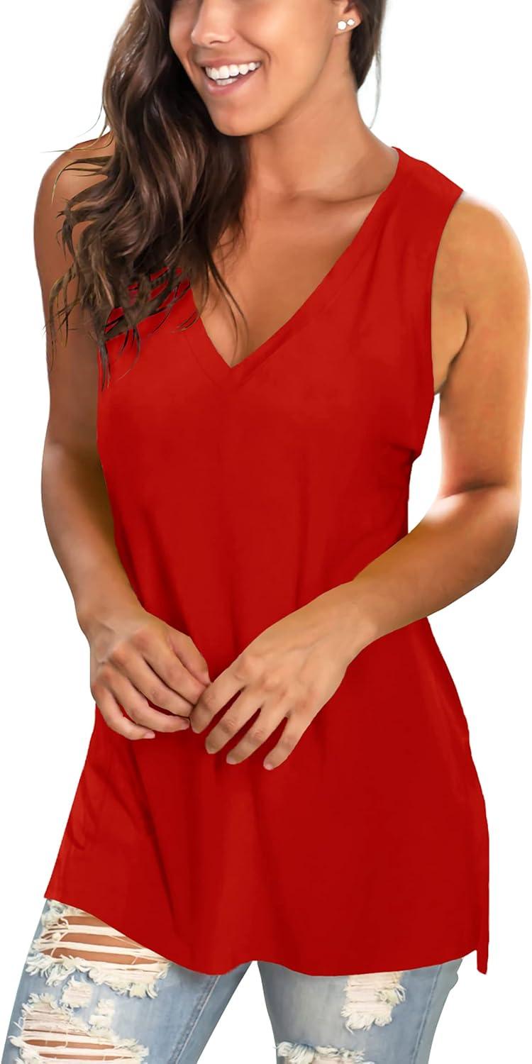 imageSAMPEEL Womens Summer Tank Tops Basic Tanks V Neck Sleeveless T Shirts Side Split122bright Red