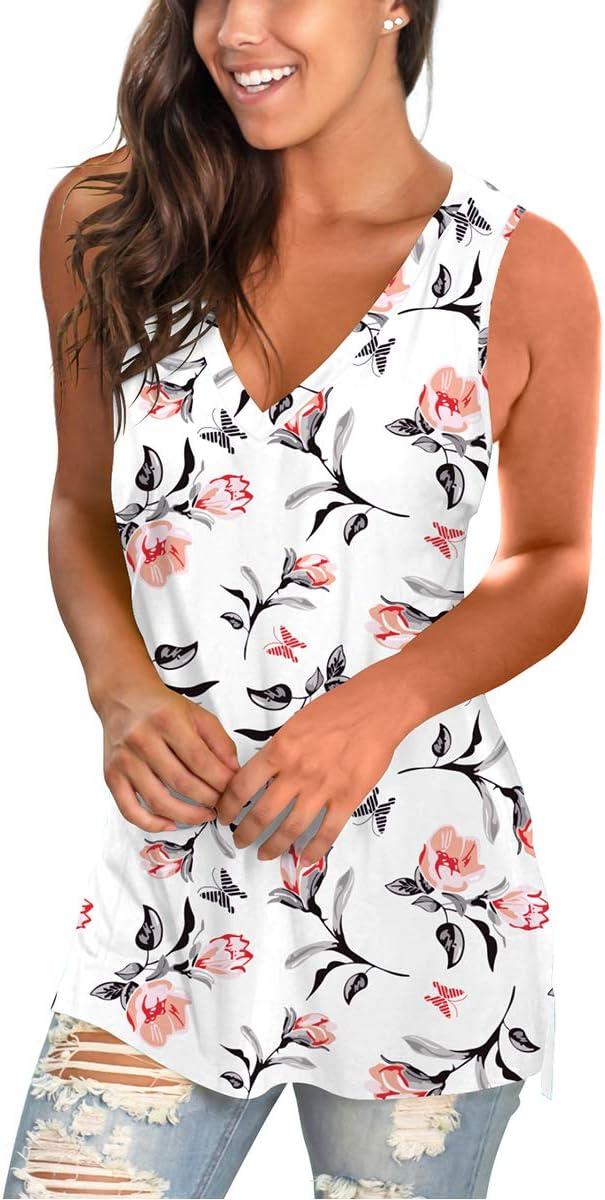 imageSAMPEEL Womens Summer Tank Tops Basic Tanks V Neck Sleeveless T Shirts Side Split123tank Rose Print