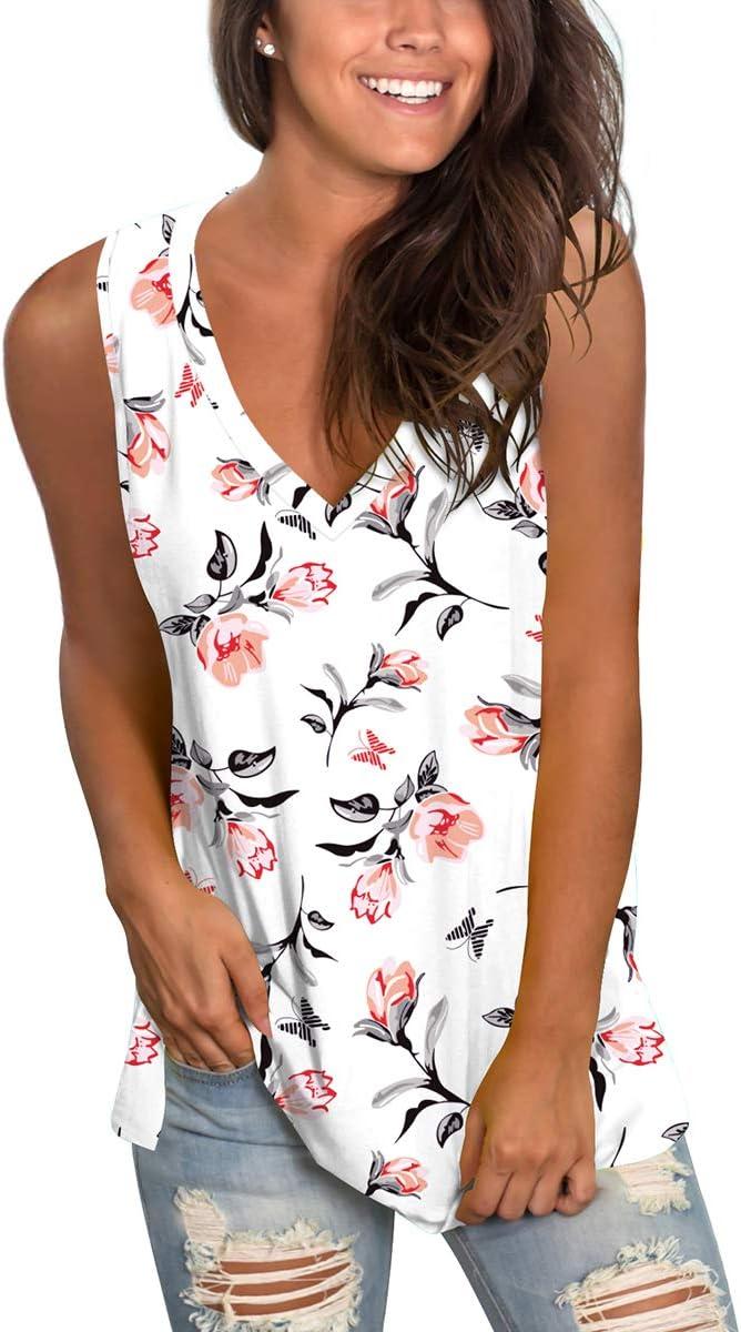 imageSAMPEEL Womens Summer Tank Tops Basic Tanks V Neck Sleeveless T Shirts Side Split123tank Rose Print