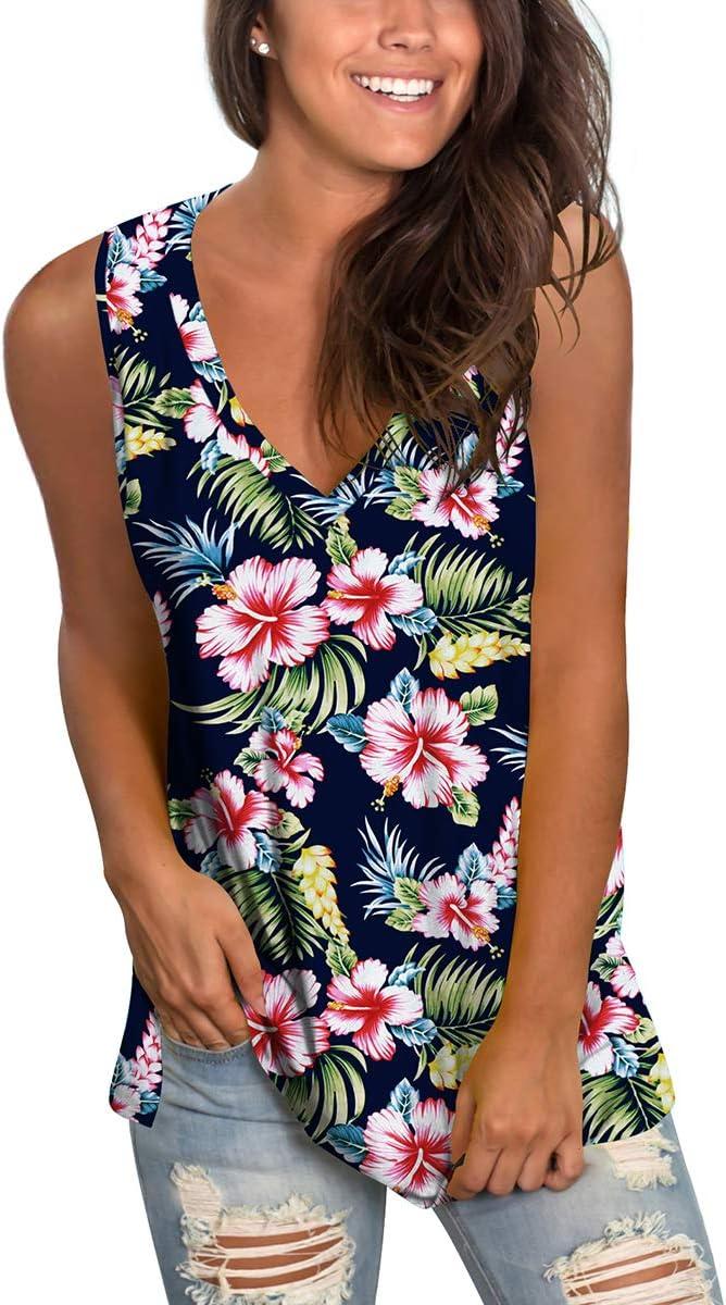 imageSAMPEEL Womens Summer Tank Tops Basic Tanks V Neck Sleeveless T Shirts Side Split124tank Hibiscus