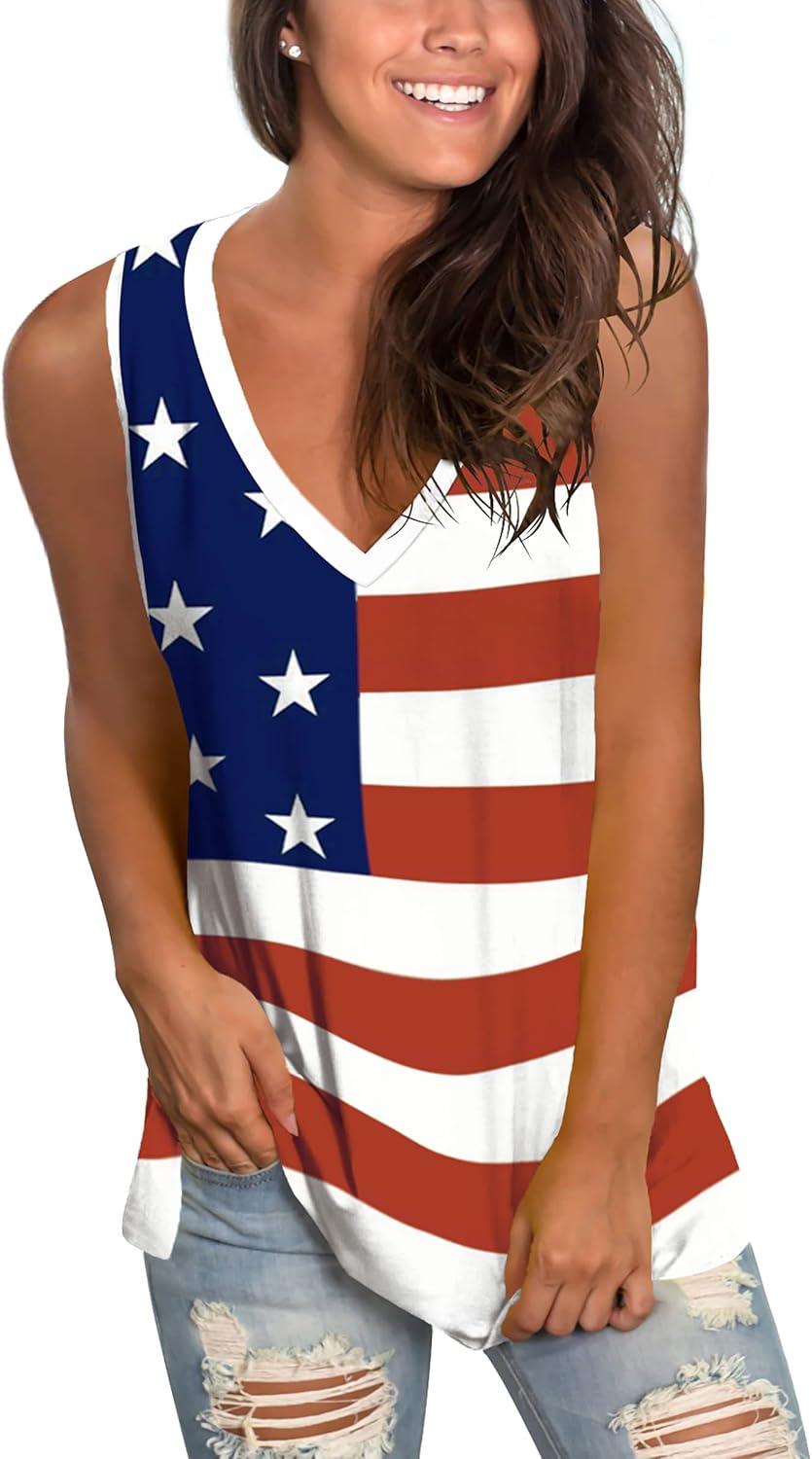 imageSAMPEEL Womens Summer Tank Tops Basic Tanks V Neck Sleeveless T Shirts Side Split128flag C