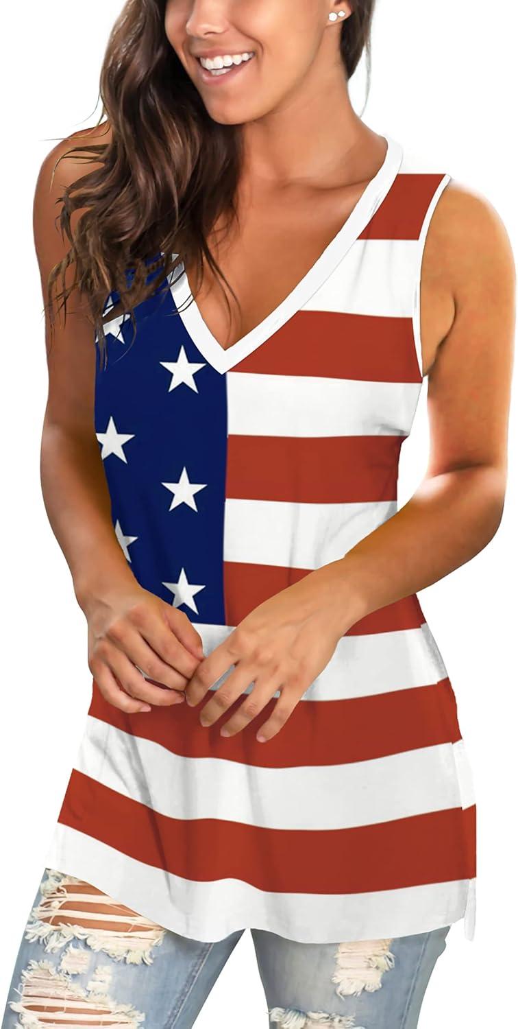 imageSAMPEEL Womens Summer Tank Tops Basic Tanks V Neck Sleeveless T Shirts Side Split128flag C