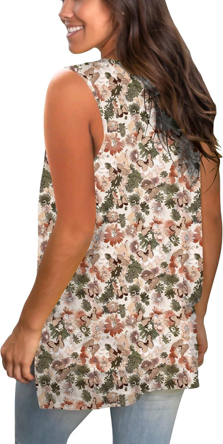 imageSAMPEEL Womens Summer Tank Tops Basic Tanks V Neck Sleeveless T Shirts Side Split170yellow Floral