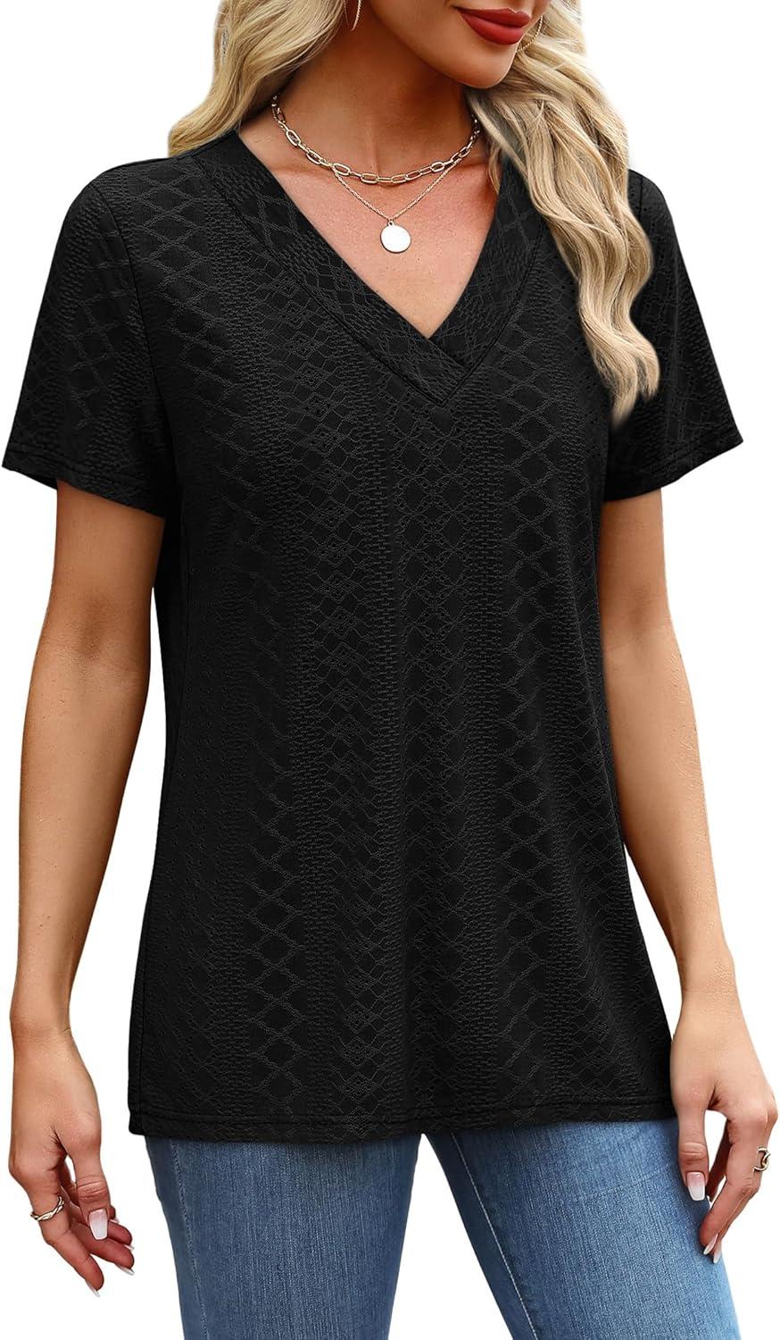 imageSAMPEEL Womens Summer Tops Trendy 2025 Eyelet Crossed V Neck T Shirts Loose Casual Short Sleeve Tshirts Shirts FashionAll Black