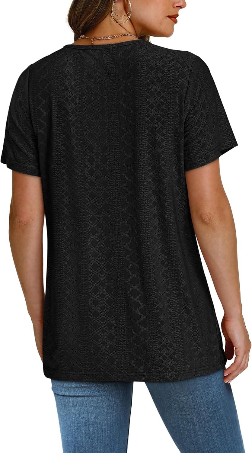 imageSAMPEEL Womens Summer Tops Trendy 2025 Eyelet Crossed V Neck T Shirts Loose Casual Short Sleeve Tshirts Shirts FashionAll Black