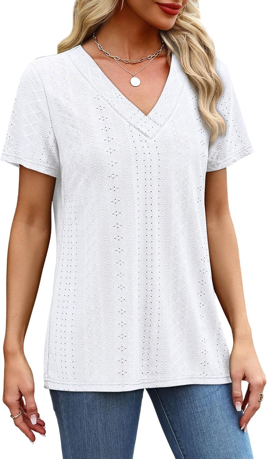 imageSAMPEEL Womens Summer Tops Trendy 2025 Eyelet Crossed V Neck T Shirts Loose Casual Short Sleeve Tshirts Shirts FashionAll White