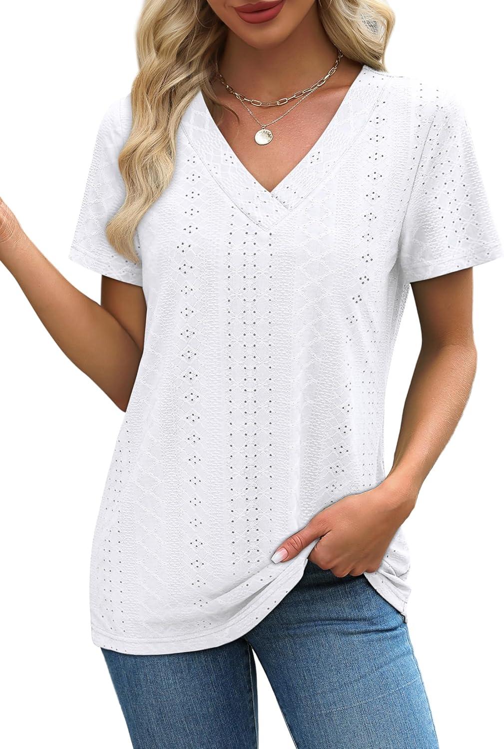 imageSAMPEEL Womens Summer Tops Trendy 2025 Eyelet Crossed V Neck T Shirts Loose Casual Short Sleeve Tshirts Shirts FashionAll White