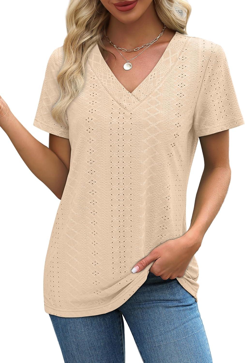imageSAMPEEL Womens Summer Tops Trendy 2025 Eyelet Crossed V Neck T Shirts Loose Casual Short Sleeve Tshirts Shirts FashionBeige
