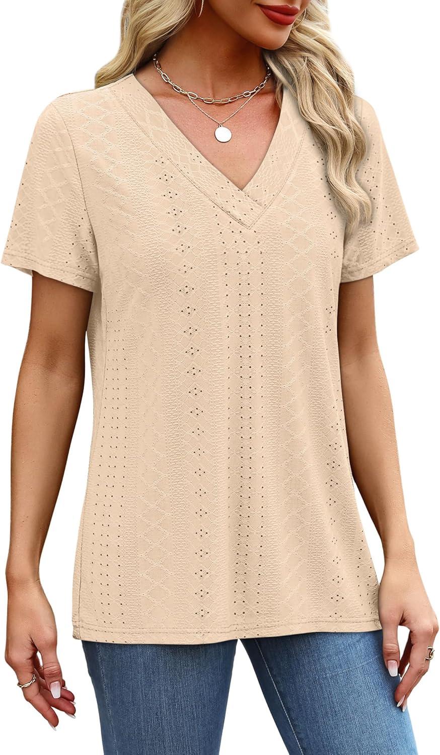 imageSAMPEEL Womens Summer Tops Trendy 2025 Eyelet Crossed V Neck T Shirts Loose Casual Short Sleeve Tshirts Shirts FashionBeige