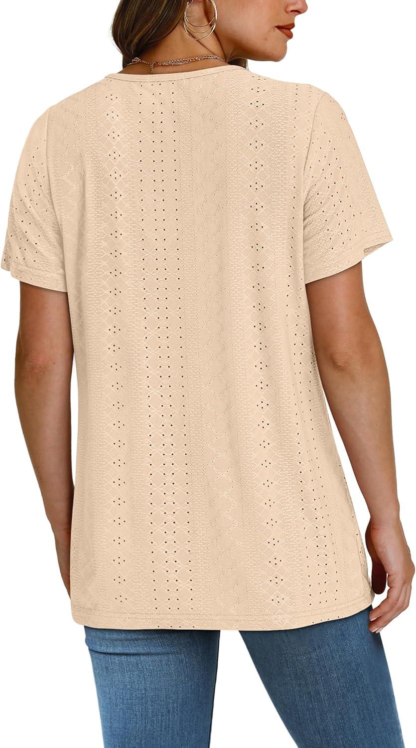 imageSAMPEEL Womens Summer Tops Trendy 2025 Eyelet Crossed V Neck T Shirts Loose Casual Short Sleeve Tshirts Shirts FashionBeige