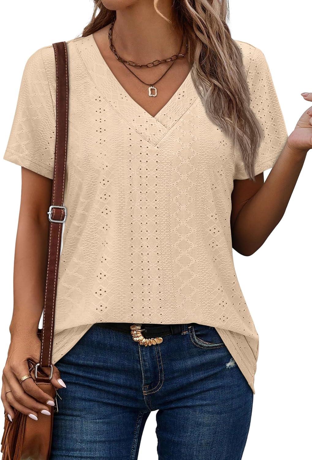 imageSAMPEEL Womens Summer Tops Trendy 2025 Eyelet Crossed V Neck T Shirts Loose Casual Short Sleeve Tshirts Shirts FashionBeige