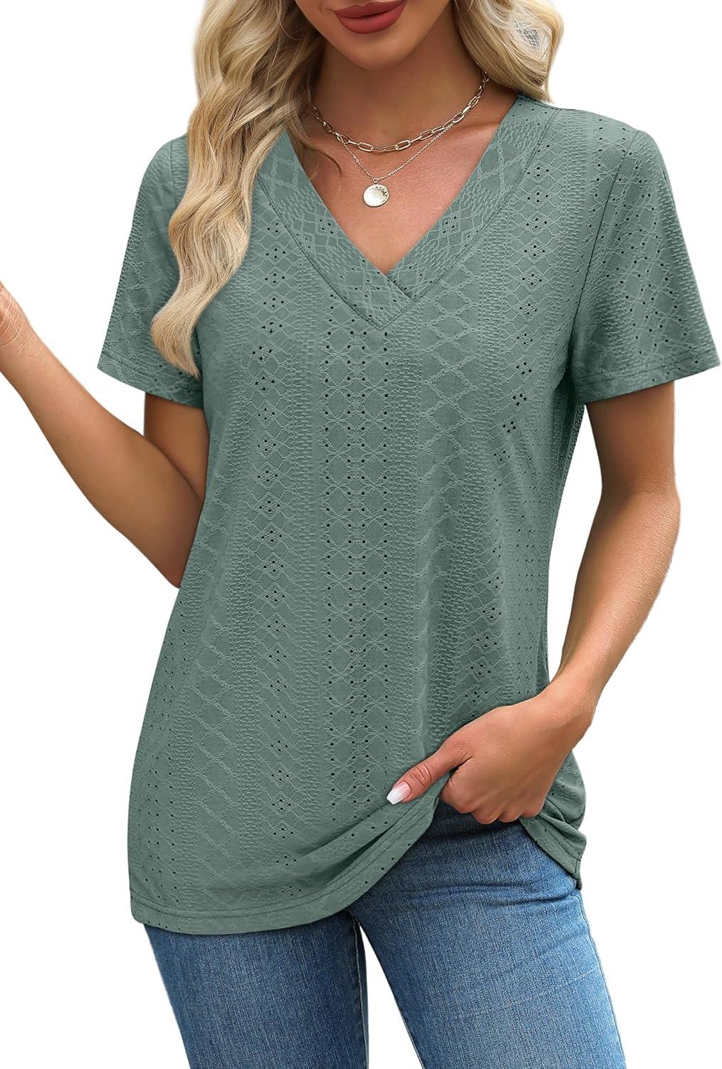 imageSAMPEEL Womens Summer Tops Trendy 2025 Eyelet Crossed V Neck T Shirts Loose Casual Short Sleeve Tshirts Shirts FashionClassic Green