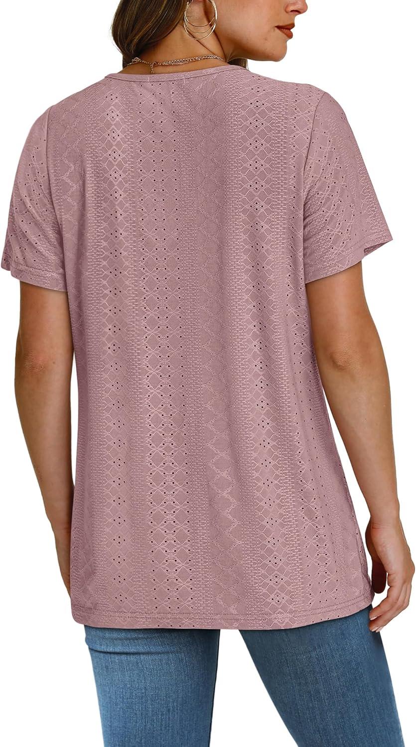 imageSAMPEEL Womens Summer Tops Trendy 2025 Eyelet Crossed V Neck T Shirts Loose Casual Short Sleeve Tshirts Shirts FashionDusty Pink