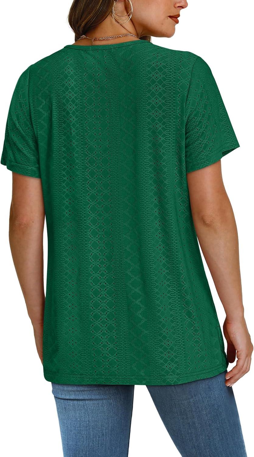 imageSAMPEEL Womens Summer Tops Trendy 2025 Eyelet Crossed V Neck T Shirts Loose Casual Short Sleeve Tshirts Shirts FashionGreen