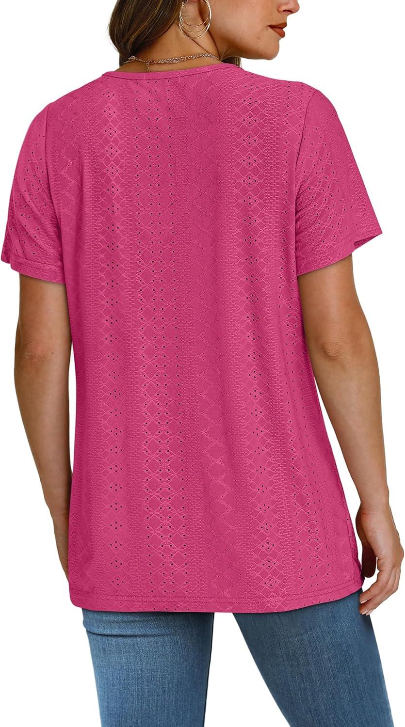 imageSAMPEEL Womens Summer Tops Trendy 2025 Eyelet Crossed V Neck T Shirts Loose Casual Short Sleeve Tshirts Shirts FashionHot Pink