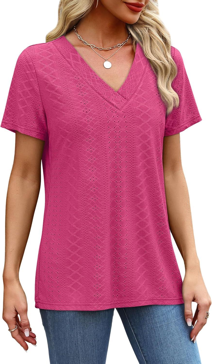 imageSAMPEEL Womens Summer Tops Trendy 2025 Eyelet Crossed V Neck T Shirts Loose Casual Short Sleeve Tshirts Shirts FashionHot Pink