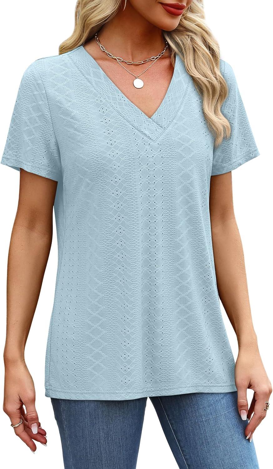 imageSAMPEEL Womens Summer Tops Trendy 2025 Eyelet Crossed V Neck T Shirts Loose Casual Short Sleeve Tshirts Shirts FashionLight Blue