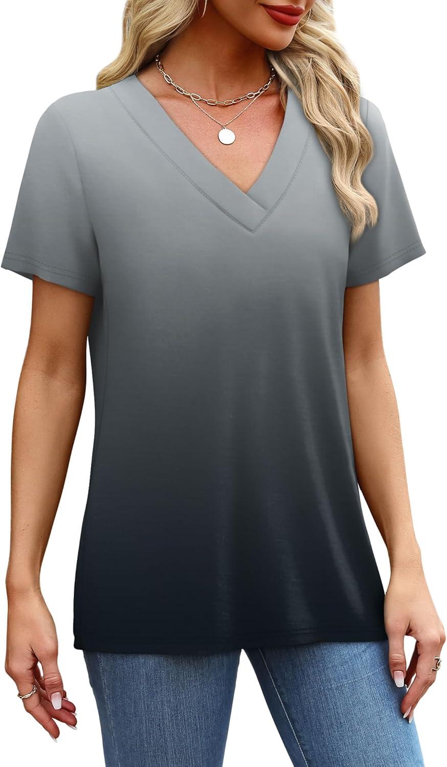 imageSAMPEEL Womens Summer Tops Trendy 2025 Eyelet Crossed V Neck T Shirts Loose Casual Short Sleeve Tshirts Shirts FashionOmbre Grey