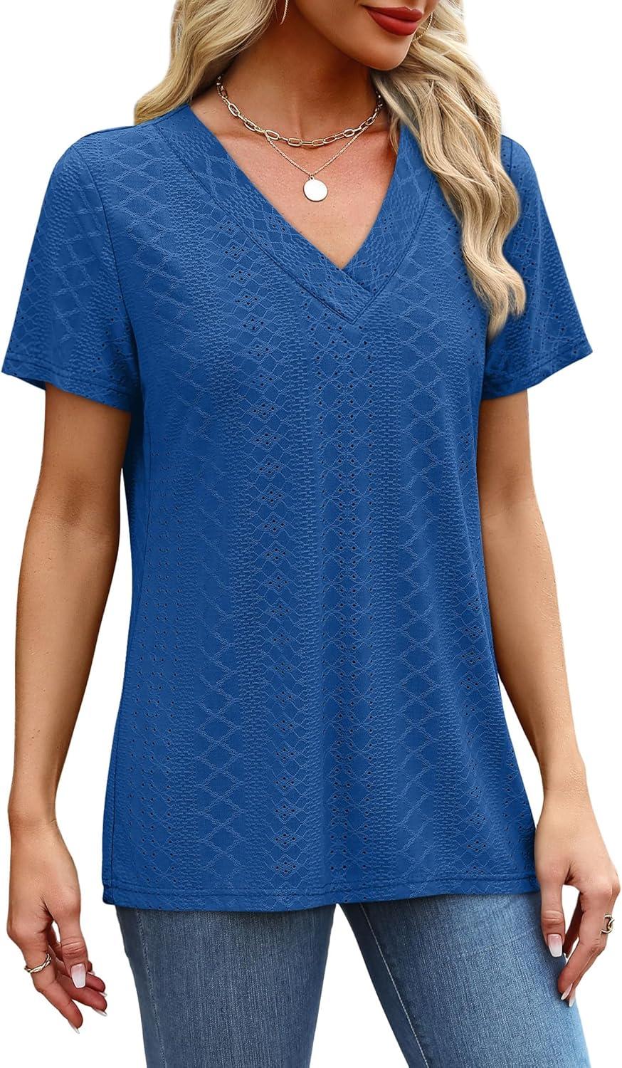 imageSAMPEEL Womens Summer Tops Trendy 2025 Eyelet Crossed V Neck T Shirts Loose Casual Short Sleeve Tshirts Shirts FashionRoyal Blue