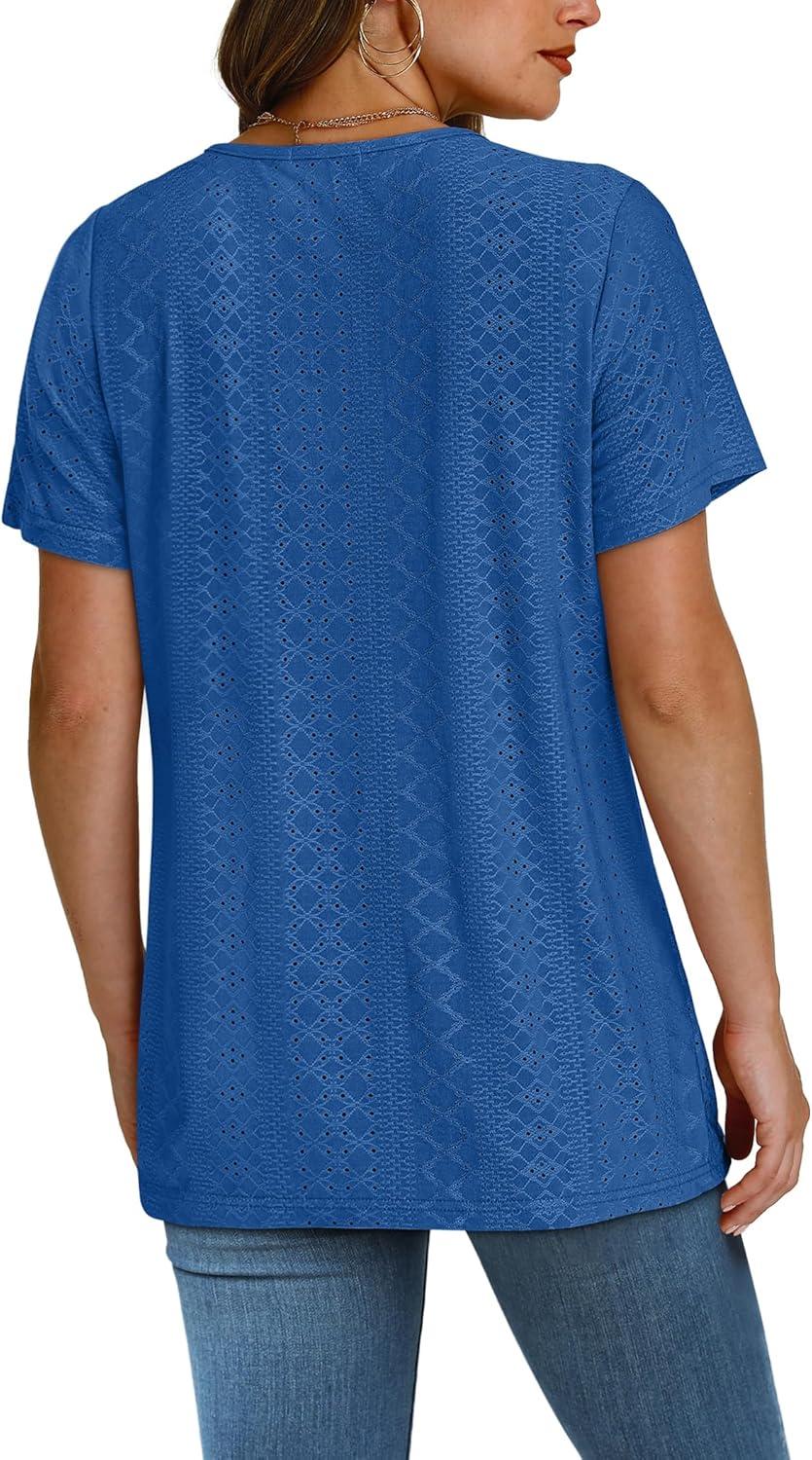 imageSAMPEEL Womens Summer Tops Trendy 2025 Eyelet Crossed V Neck T Shirts Loose Casual Short Sleeve Tshirts Shirts FashionRoyal Blue
