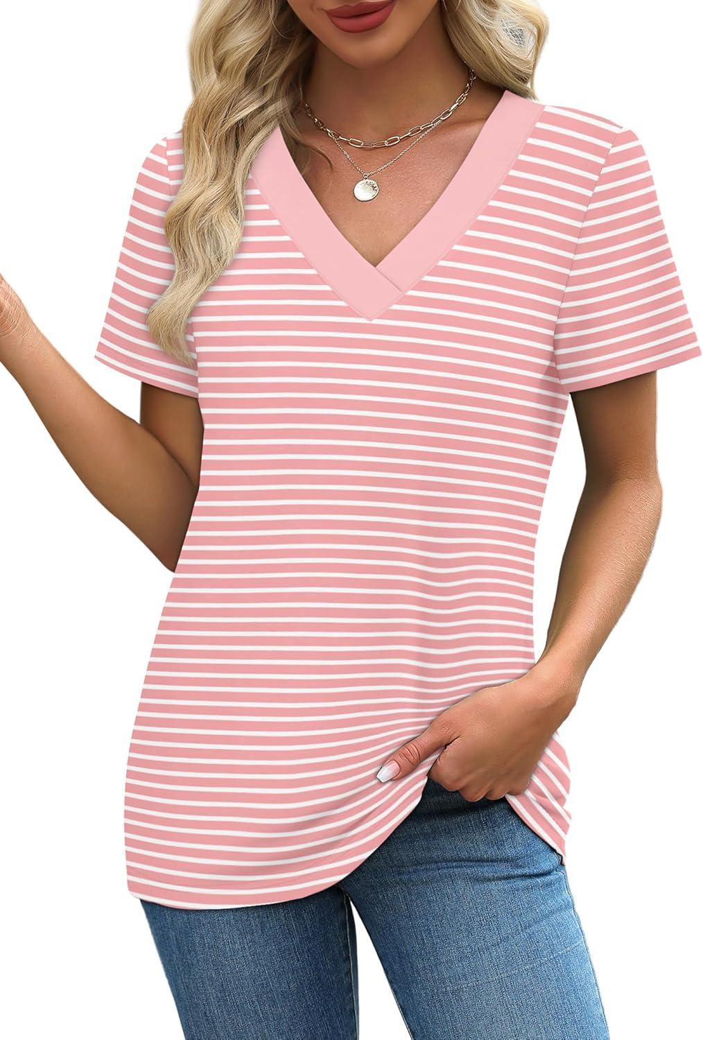 imageSAMPEEL Womens Summer Tops Trendy 2025 Eyelet Crossed V Neck T Shirts Loose Casual Short Sleeve Tshirts Shirts FashionStriped Pink