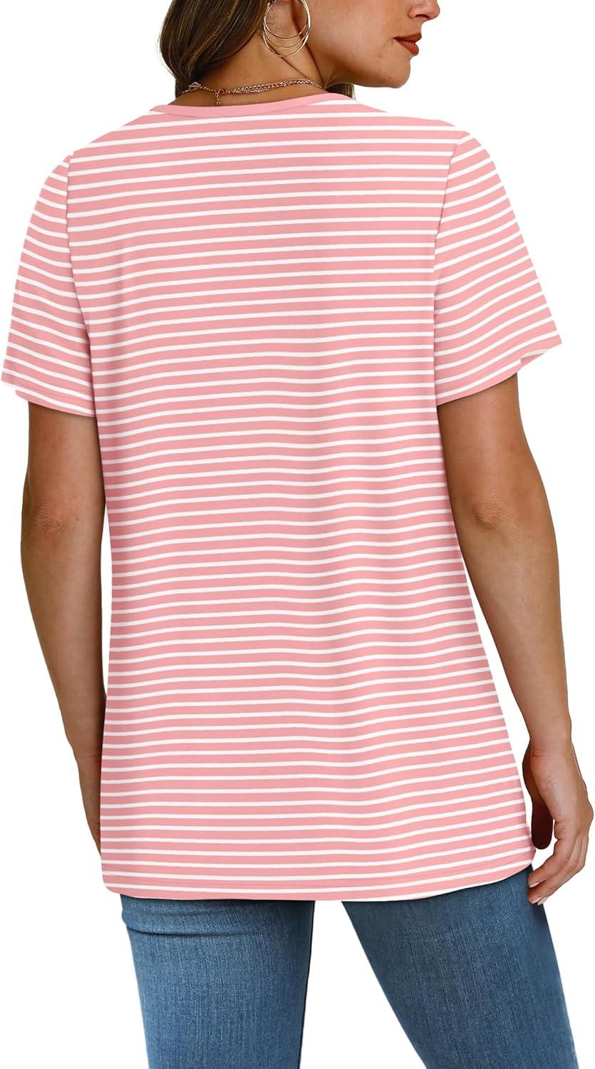 imageSAMPEEL Womens Summer Tops Trendy 2025 Eyelet Crossed V Neck T Shirts Loose Casual Short Sleeve Tshirts Shirts FashionStriped Pink