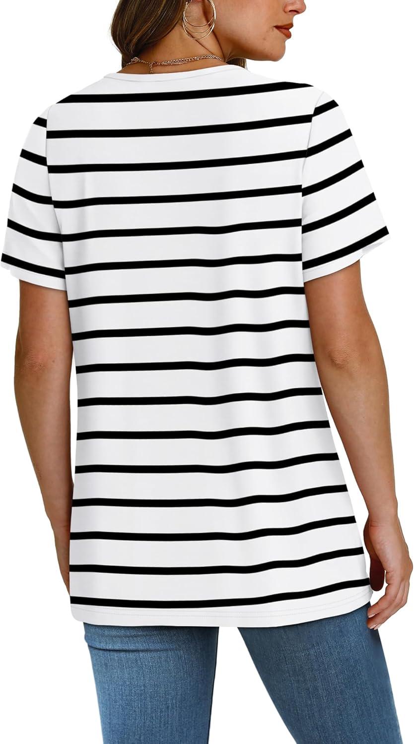 imageSAMPEEL Womens Summer Tops Trendy 2025 Eyelet Crossed V Neck T Shirts Loose Casual Short Sleeve Tshirts Shirts FashionStriped White