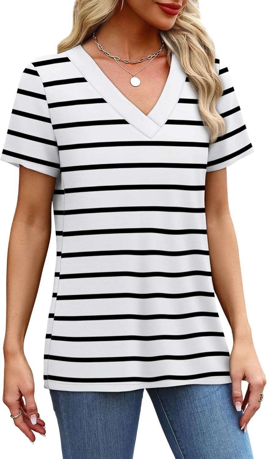 imageSAMPEEL Womens Summer Tops Trendy 2025 Eyelet Crossed V Neck T Shirts Loose Casual Short Sleeve Tshirts Shirts FashionStriped White