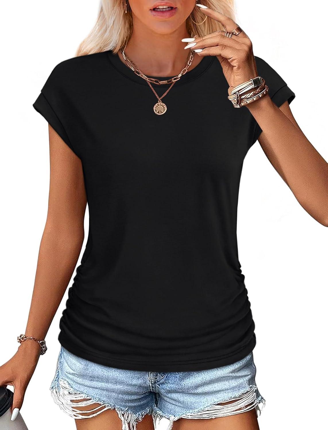 imageSAMPEEL Womens Summer Tops Trendy 2025 Ruched Cap Short Sleeve Tshirts Shirts Crew Neck T Shirts FashionAll Black