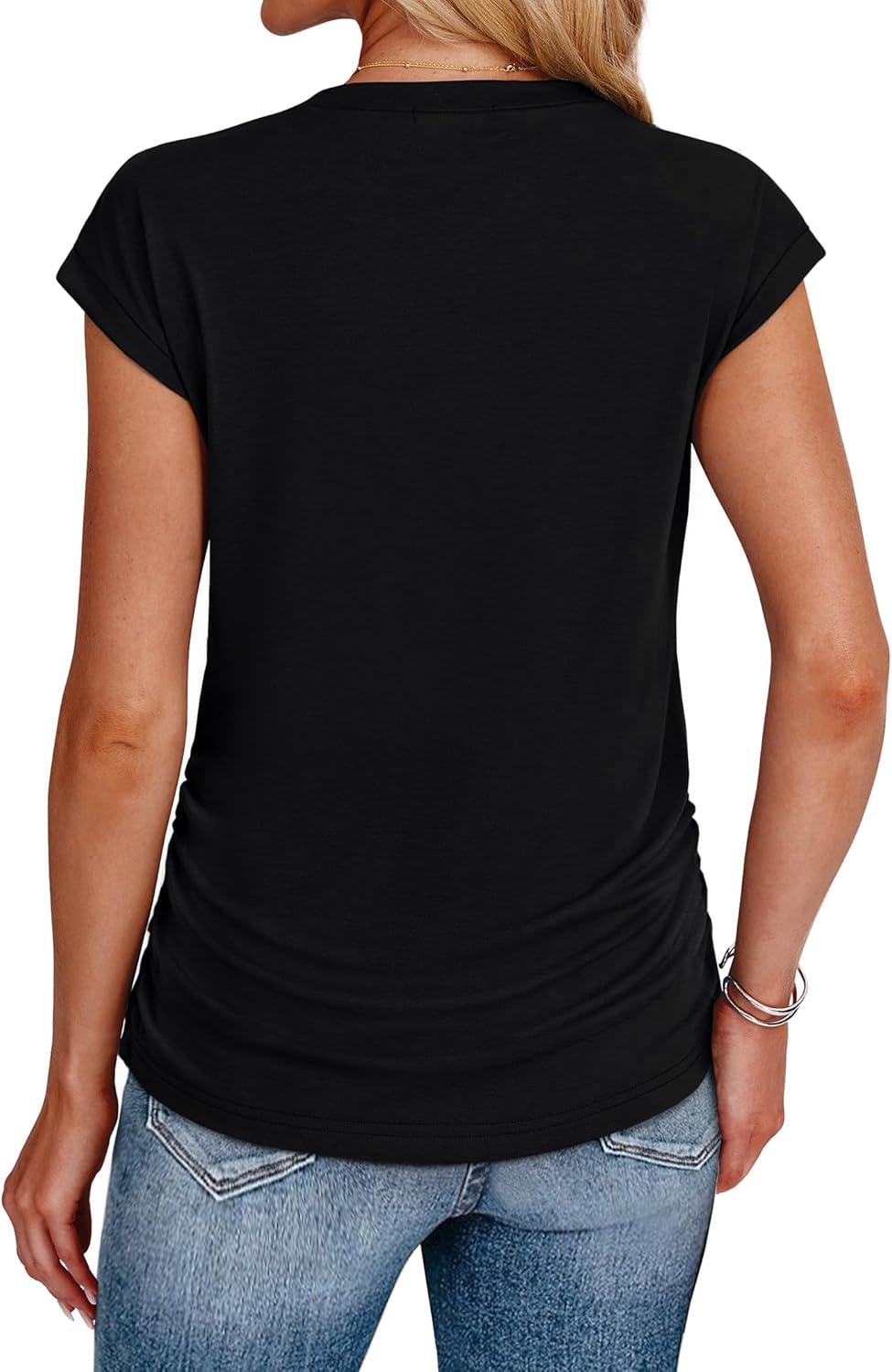 imageSAMPEEL Womens Summer Tops Trendy 2025 Ruched Cap Short Sleeve Tshirts Shirts Crew Neck T Shirts FashionAll Black