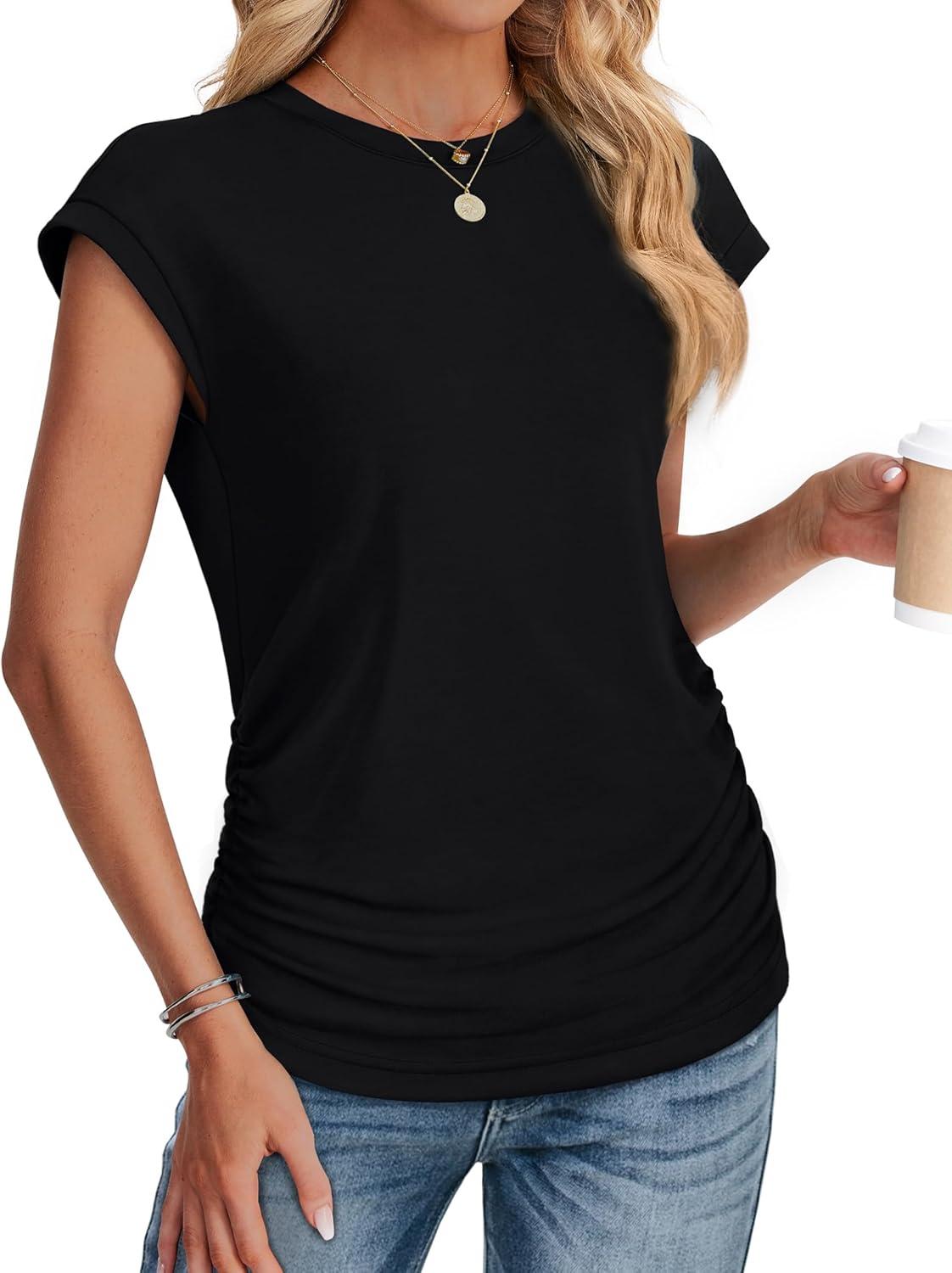 imageSAMPEEL Womens Summer Tops Trendy 2025 Ruched Cap Short Sleeve Tshirts Shirts Crew Neck T Shirts FashionAll Black