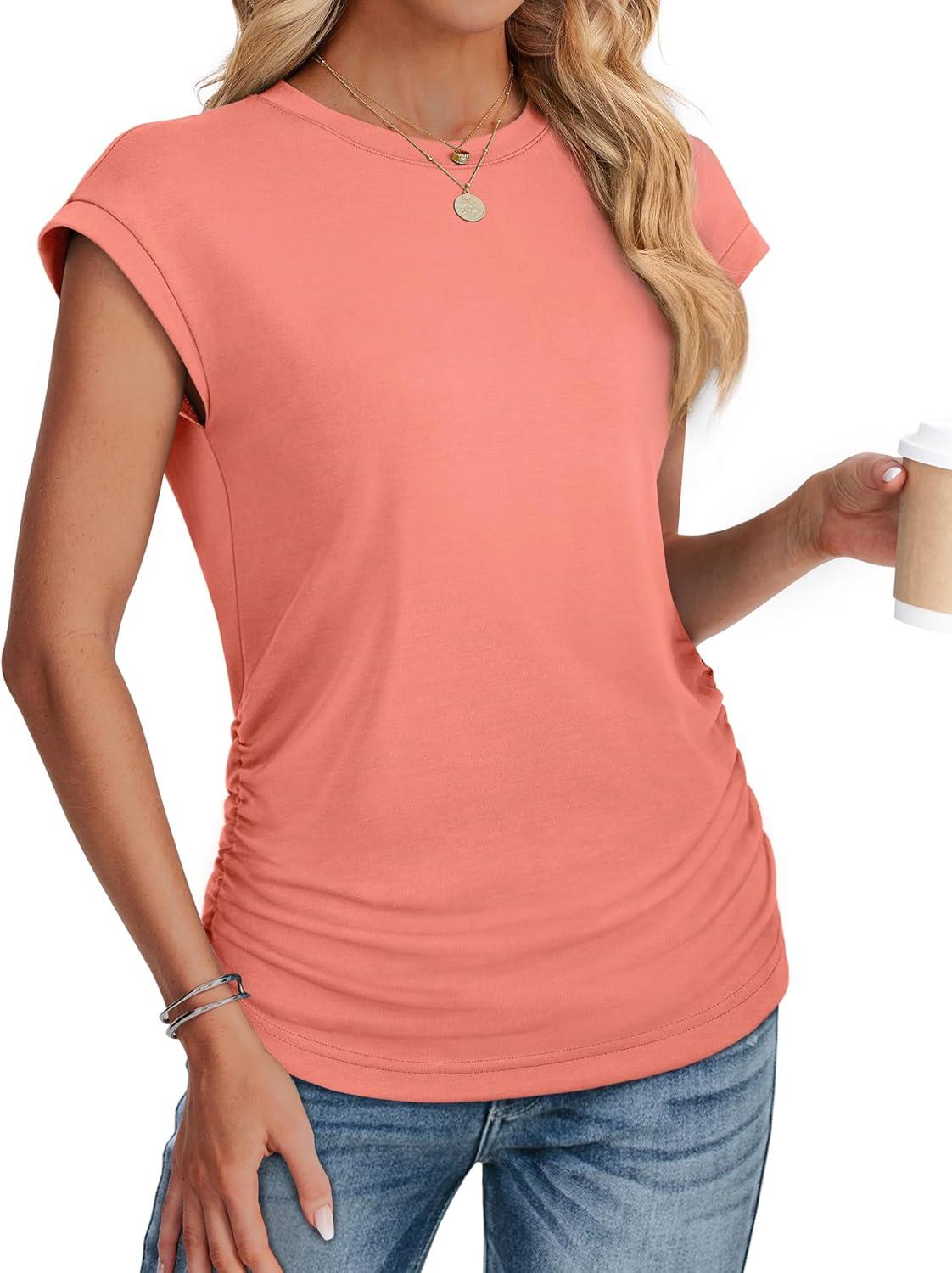 imageSAMPEEL Womens Summer Tops Trendy 2025 Ruched Cap Short Sleeve Tshirts Shirts Crew Neck T Shirts FashionAll Coral