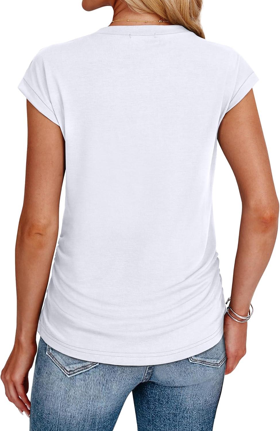 imageSAMPEEL Womens Summer Tops Trendy 2025 Ruched Cap Short Sleeve Tshirts Shirts Crew Neck T Shirts FashionAll White