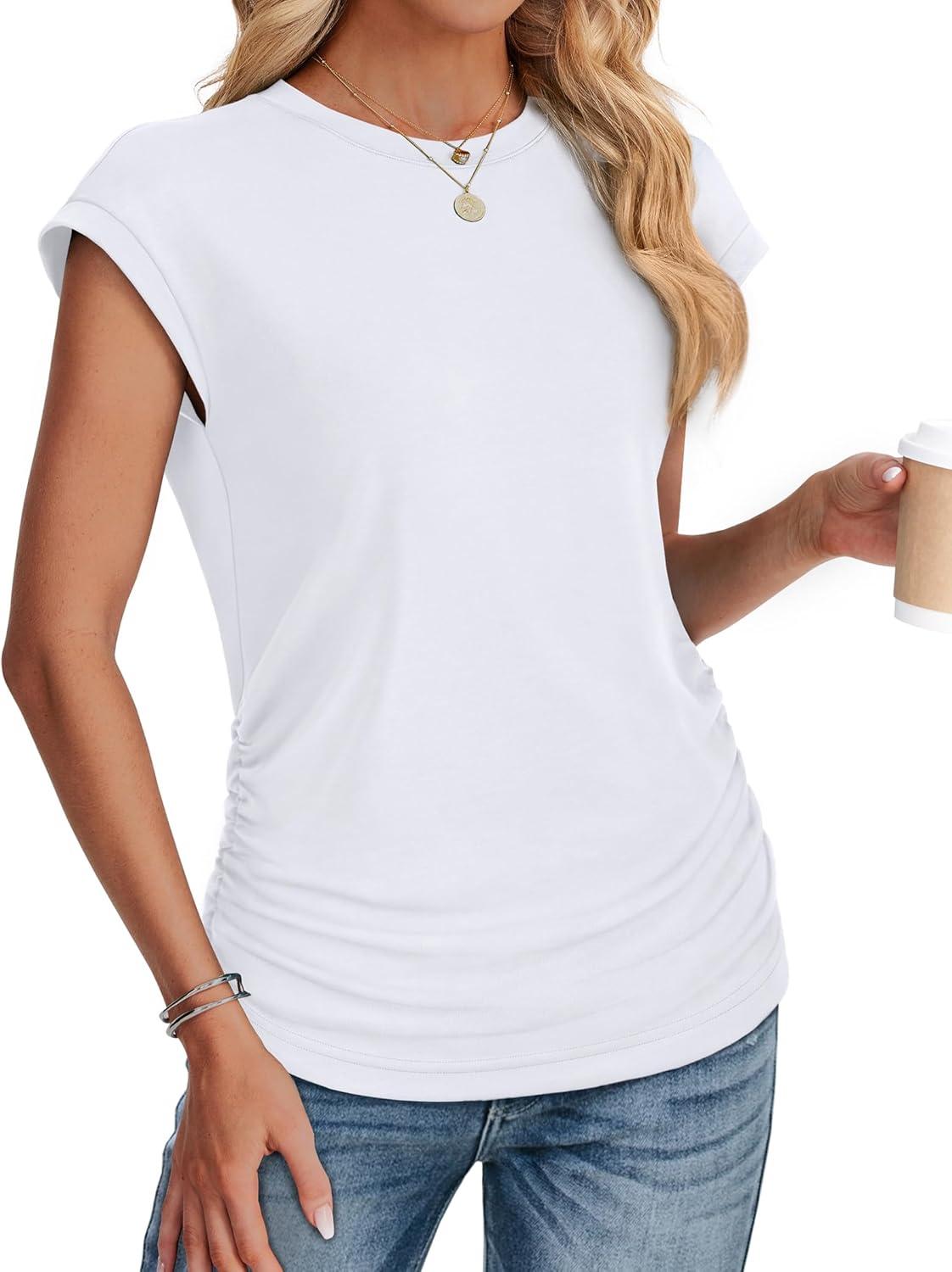 imageSAMPEEL Womens Summer Tops Trendy 2025 Ruched Cap Short Sleeve Tshirts Shirts Crew Neck T Shirts FashionAll White