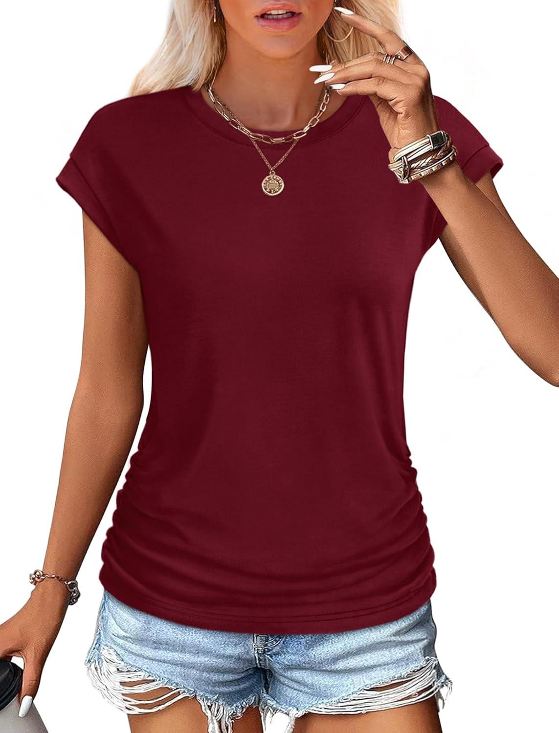 imageSAMPEEL Womens Summer Tops Trendy 2025 Ruched Cap Short Sleeve Tshirts Shirts Crew Neck T Shirts FashionBurgundy